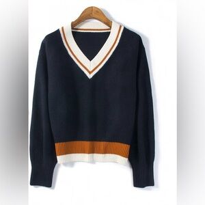 V-Neck Navy Sweater with Striped Trim